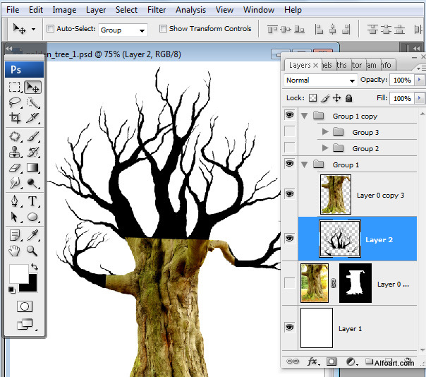 Golden apple tree. Magic scene. Adobe Photoshop Tutorial.